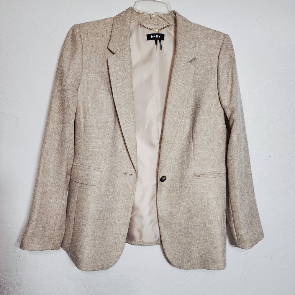 DKNY Blazer Jacket 12 Tan Beige Professional Office Career Linen Look Button - Picture 3 of 8